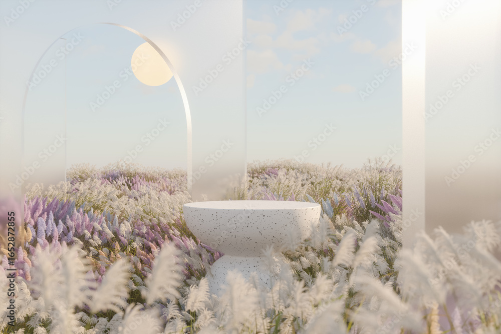Poster abstract autumn landscape scene with a podium for product display. 3d rendering