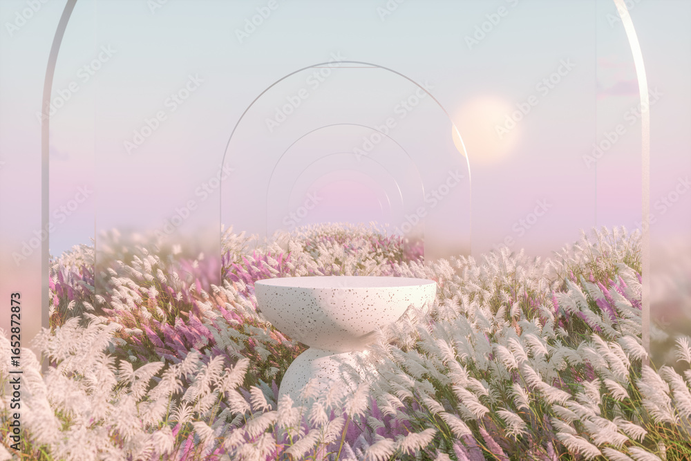Poster abstract autumn landscape scene with a podium for product display. 3d rendering