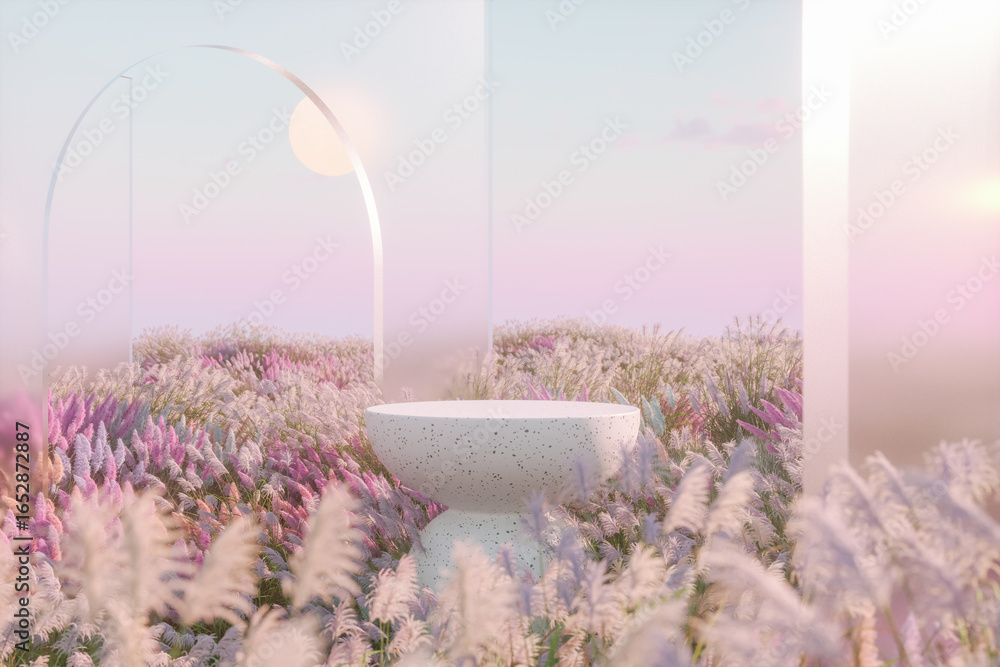 Poster abstract autumn landscape scene with a podium for product display. 3d rendering
