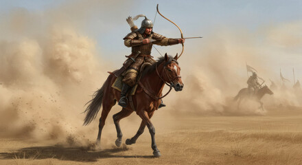 Mongol horse archer on steppe, 13th century composite bow, realistic armor (leather and lacquer), dust storm