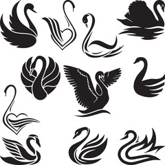 A set of elegant and detailed swan silhouettes in vector format.