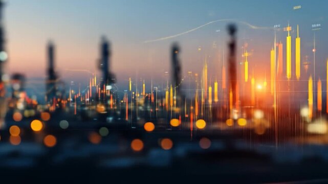 Industrial skyline at dusk showcasing silhouettes of refinery structures against a vibrant sunset, with glowing lights and abstract data overlays suggesting technological advancements