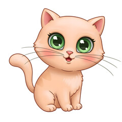 Cute smiling cartoon cat character big expressive eyes drawing isolated on transparent background. Generated AI