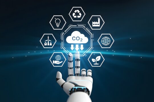 Robotic Hand Interacting with Carbon Dioxide Reduction Icons Representing Sustainable Energy Recycling and Environmental Conservation for a Greener Future with Technology - Powered by Adobe