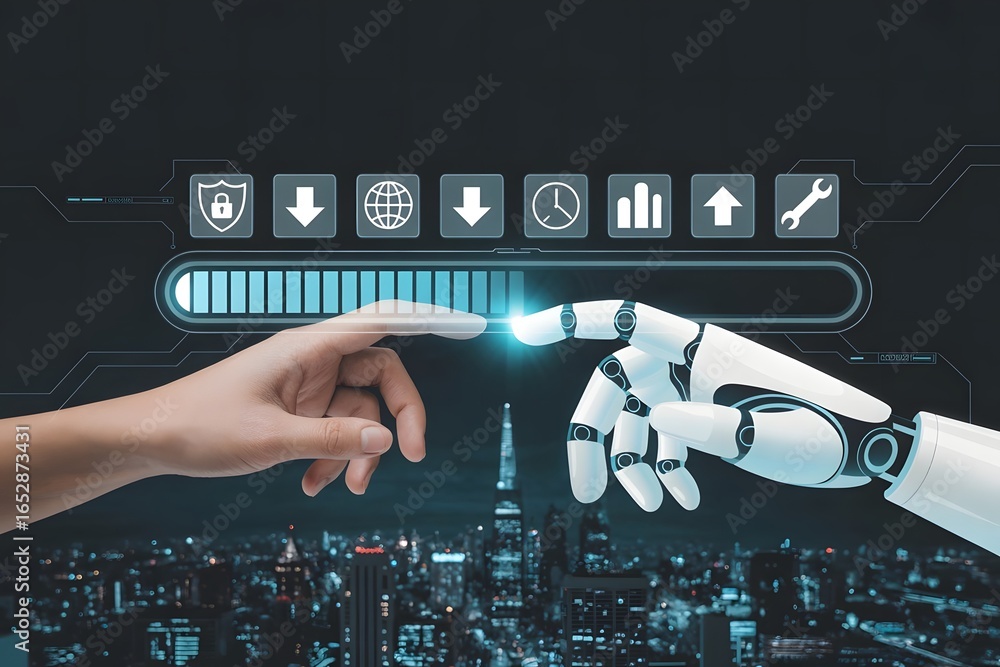 Poster human and robot hands touching with cityscape background and futuristic interface depicting ai techn