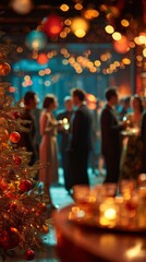 Christmas party celebration with decorated tree and people toasting drinks in festive atmosphere with colorful bokeh lights