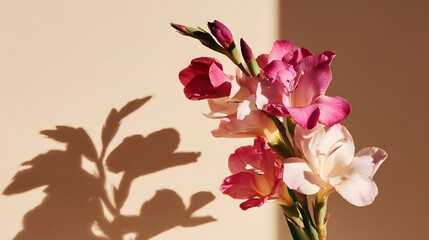 A bouquet of pink and cream gladioli blossoms with dramatic shadows on a beige backdrop creates a serene and elegant floral still life.