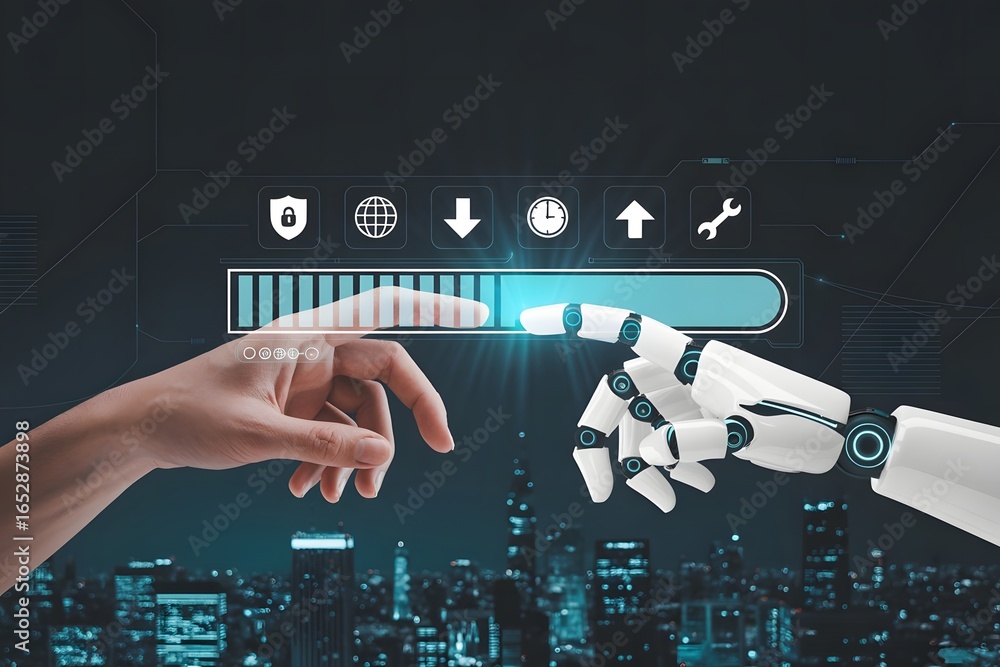Poster human and robot hands touching over cityscape with loading bar and icons representing artificial int