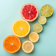 Obraz premium Assortment of Fresh Citrus Fruits on a Teal Surface