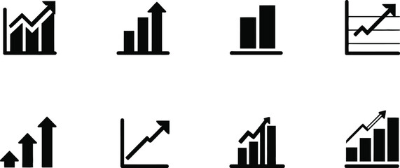 Illustration showing a set of eight different black and white graph and chart icons in a grid formation