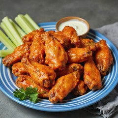 Delicious crispy buffalo chicken wings generously coated in spicy sauce served with cooling celery sticks, creamy dipping sauce. Perfect appetizer main dish for parties, game days, casual dinners.