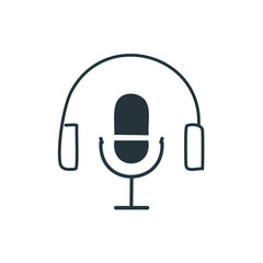 Podcast microphone with headphones on black on transparent background