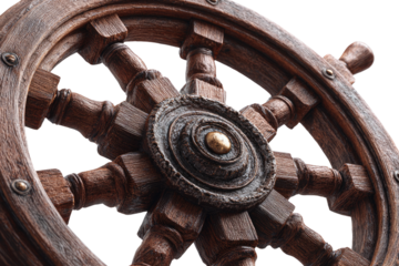 Close-up of a weathered wooden ship's steering wheel