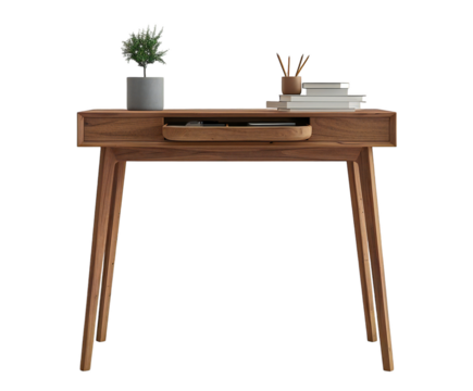Wooden modern desk with drawer and plant isolated on transparent background