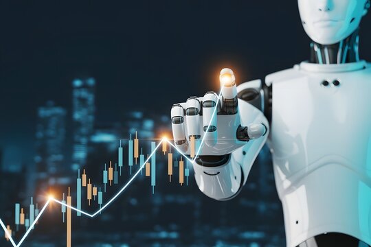 Robot Hand Analyzing Stock Market Chart with Glowing Fingertip Representing Artificial Intelligence in Finance and Automated Trading Systems on a Blurred Cityscape Background