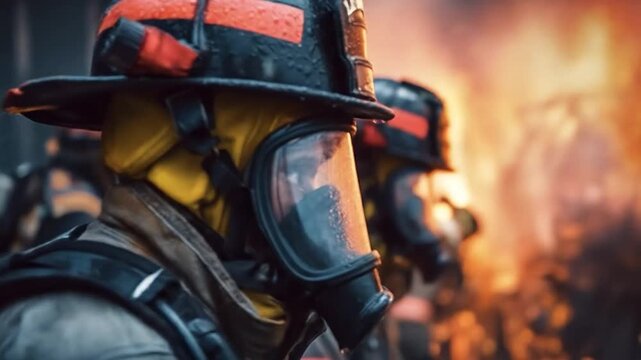Firefighters in full protective gear stand resolutely against a backdrop of flames, showcasing their bravery and readiness to tackle the intense blaze in an urban environment