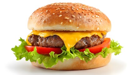 Delicious burger on a sesame seed bun, overflowing with fresh ingredients