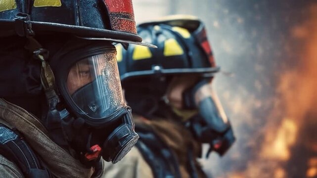 Two firefighters in protective gear stand resolutely against a backdrop of flames and smoke, showcasing bravery and teamwork in emergency response during a fire incident