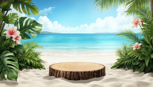 Tropical beach display with wooden base plants. White sand, blue ocean and sky with fluffy clouds. Ideal for showcasing products, concepts related to travel, vacation, summer, eco-friendly, nature.