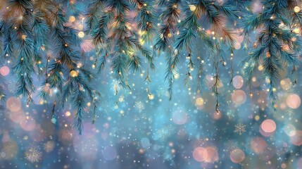 Fototapeta premium Christmas background with snow covered pine branches, glowing lights, and winter snowfall