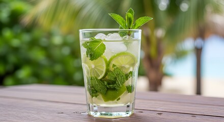 A refreshing mojito cocktail with fresh mint and lime slices sits on a wooden table with a tropical beach background.