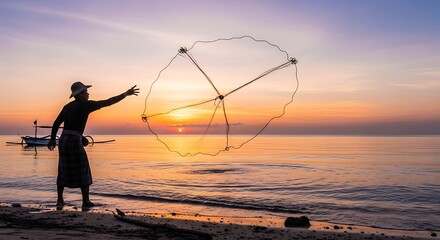 Fisherman Casting Net at Sunset Beach.