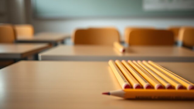 A classroom desk holds neatly arranged sharpened pencils, with soft focus on an empty chair nearby.