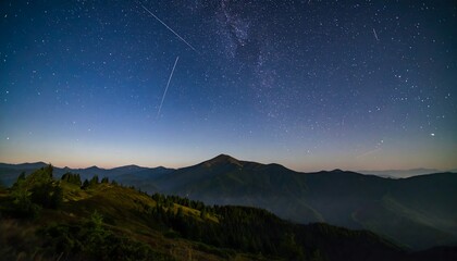 Fototapeta premium Perseid meteor streak crossing clear alpine skyline above distant peaks — cinematic long exposure panorama
