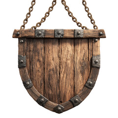 Fototapeta premium Wooden shield-shaped sign, hanging by chains. Dark brown wood with visible grain, edged with metal bands and studs. Isolated on black