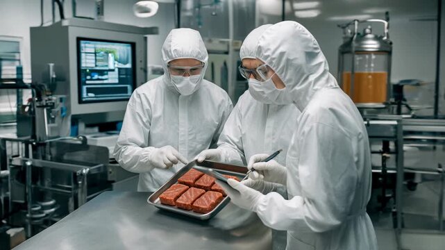 Three scientists in protective suits examining cultured meat patties on stainless tray in laboratory. Concept of sustainable food science, biotechnology, and innovation in alternative proteins.