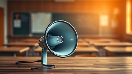 A megaphone sits on a wooden surface, with a softly blurred classroom in the background.