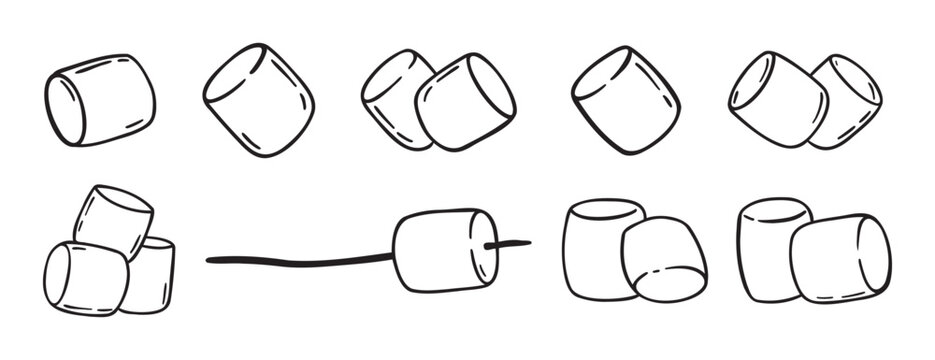 Marshmallows doodle hand drawn icon set. Outline drawing marshmallow line clipart symbol collection
