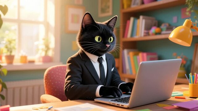 Black cat in a suit working on a laptop
