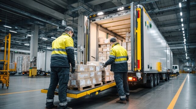 Workers Loading Boxes onto Truck at Warehouse Loading Dock - Powered by Adobe