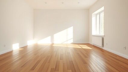 Fototapeta premium Minimalist mid-century modern living space with wooden floors and soft natural light from a window.