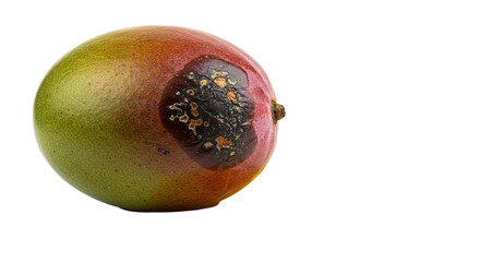 Isolated view of a mango with a rotten spot showing decay on its surface against a plain setting