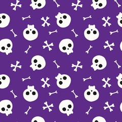 Cute Halloween seamless pattern with white skulls and bones on purple background, perfect for fabric, wallpaper, wrapping paper, and spooky design projects.