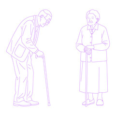 Line art illustration of elderly person with cane