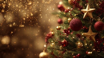 Christmas background with pine branches, red baubles, golden stars, and berries on sparkling gold festive backdrop