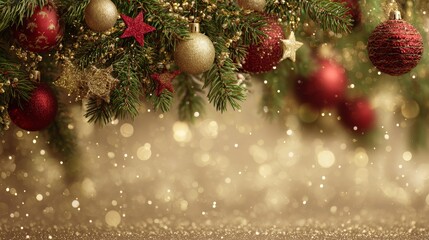 Christmas background with pine branches, red baubles, golden stars, and berries on sparkling gold festive backdrop