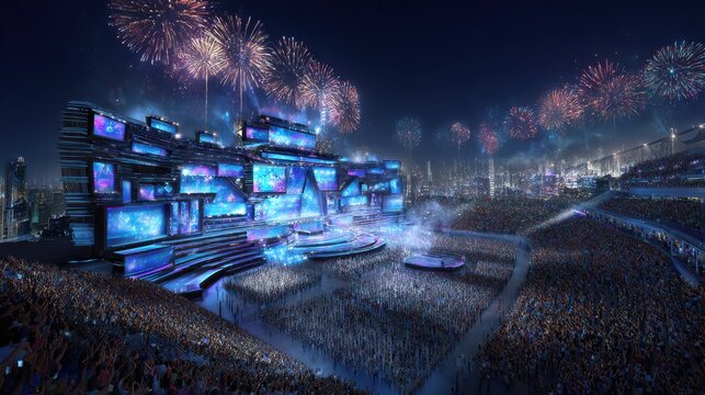 Crowded Stadium Concert with Stage, Screens, and Fireworks - Powered by Adobe