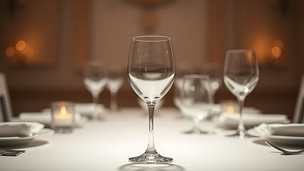 Elegant wine glass centered on a table, reflecting soft light in a minimalist and sophisticated setting.