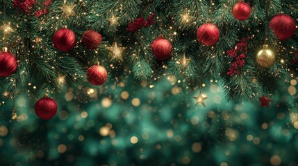 Christmas background with pine branches, red baubles, golden star ornaments, and festive lights on dark green bokeh backdrop