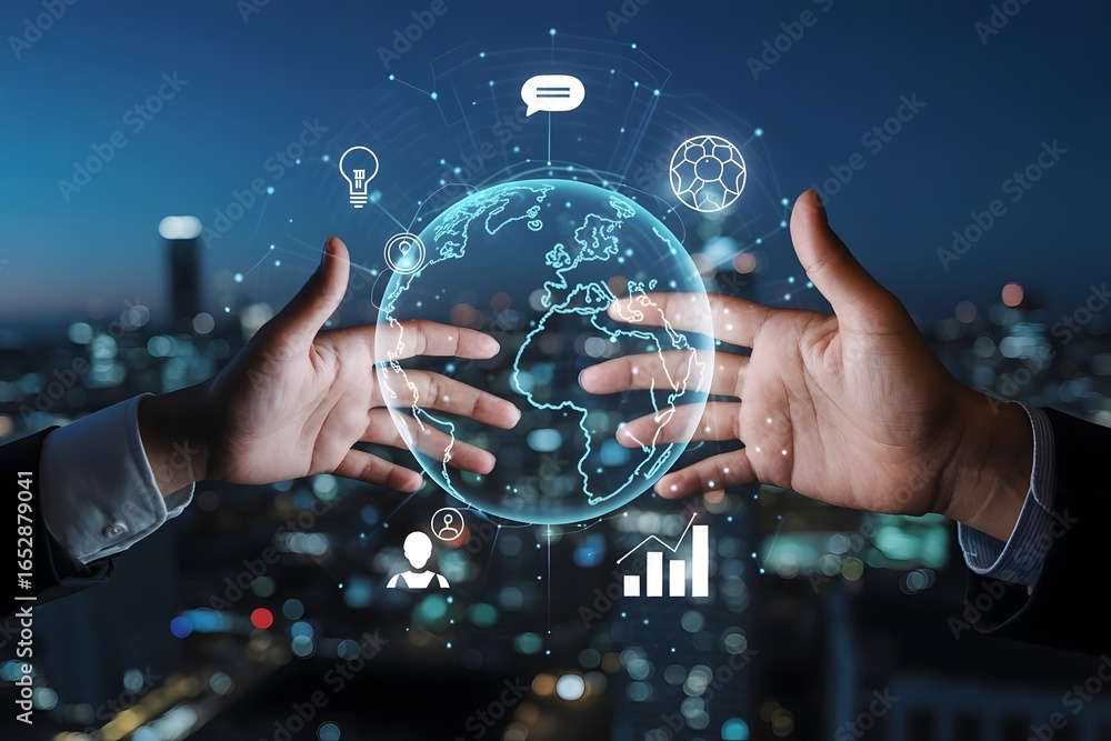 Poster hands holding a digital globe with icons representing communication innovation networking and growth