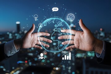 Hands holding a digital globe with icons representing communication innovation networking and growth against a blurred city background at night symbolizing global connectivity