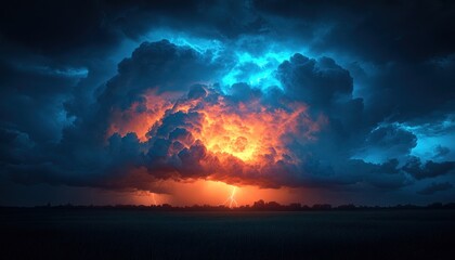 Naklejka premium Fiery Sunset Storm Clouds Over Dark Field