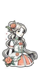 cartoon vintage girl sticker illustration with white area for insertion