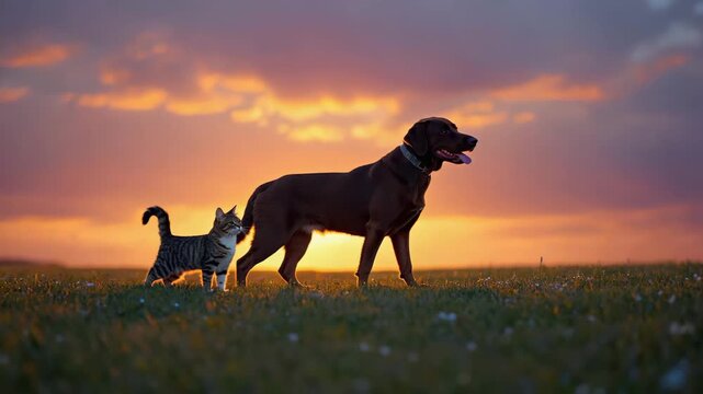 Cat and dog walking together in a park during sunset, golden light creating a silhouette effect, harmonious companionship, cinematic framing
