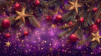 Holiday decoration with fir greenery, red ornaments, and golden stars on luxury purple bokeh background