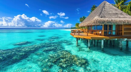 Tropical overwater bungalow on a vibrant turquoise beach